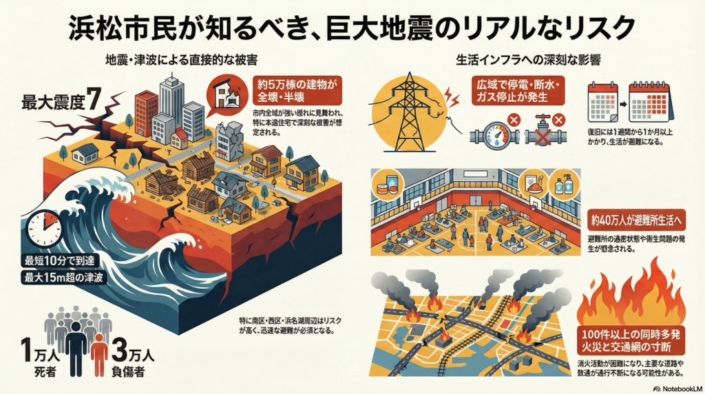 浜松市で想定される南海トラフ巨大地震の被害リスクをまとめた図解。最大震度7、津波到達時間、建物被害、停電・断水、避難所生活、火災発生などの影響をイラストで解説している。