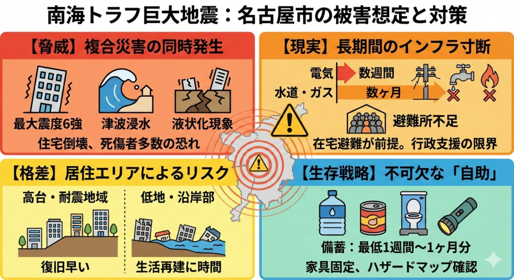 南海トラフ巨大地震における愛知県名古屋市の被害想定と防災対策を解説したインフォグラフィック。最大震度6強、津波・液状化リスク、ライフラインの長期停止、地域格差、在宅避難と1週間〜1か月分の備蓄など生存戦略を整理。