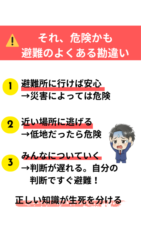 災害時に起こりやすい避難行動の勘違いと注意点をまとめた図解。