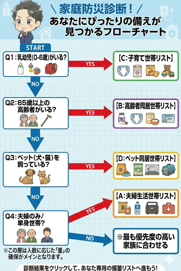 5つの世帯タイプ別・家庭防災備蓄診断フローチャート。乳幼児・高齢者・ペットの優先順位に基づいたYES/NO形式の判定ツール。スマホ最適化済みの防災インフォグラフィック。