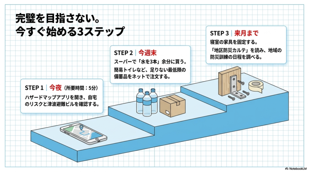 一人暮らし防災の備蓄ステップ画像